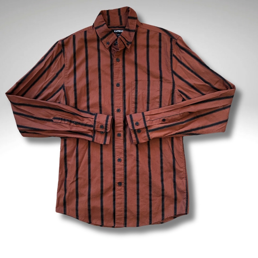 Rust Brown and Black Striped Express Button-Down Shirt XS